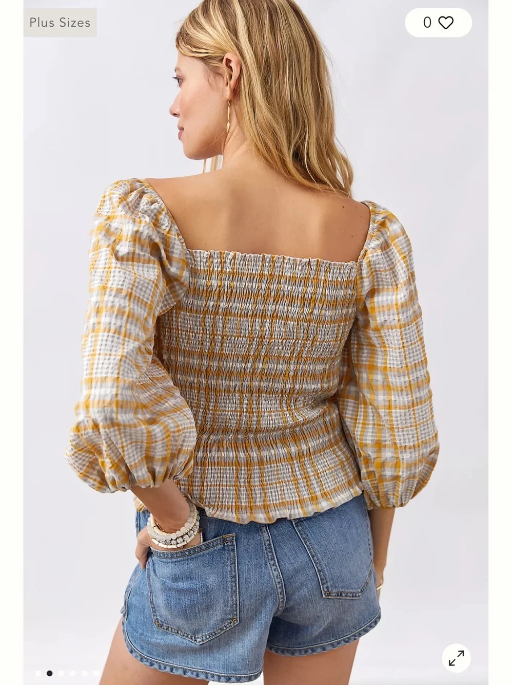 Anthropologie Maeve Plaid Square-Neck Puff Sleeve Smocked Top in Yellow & White